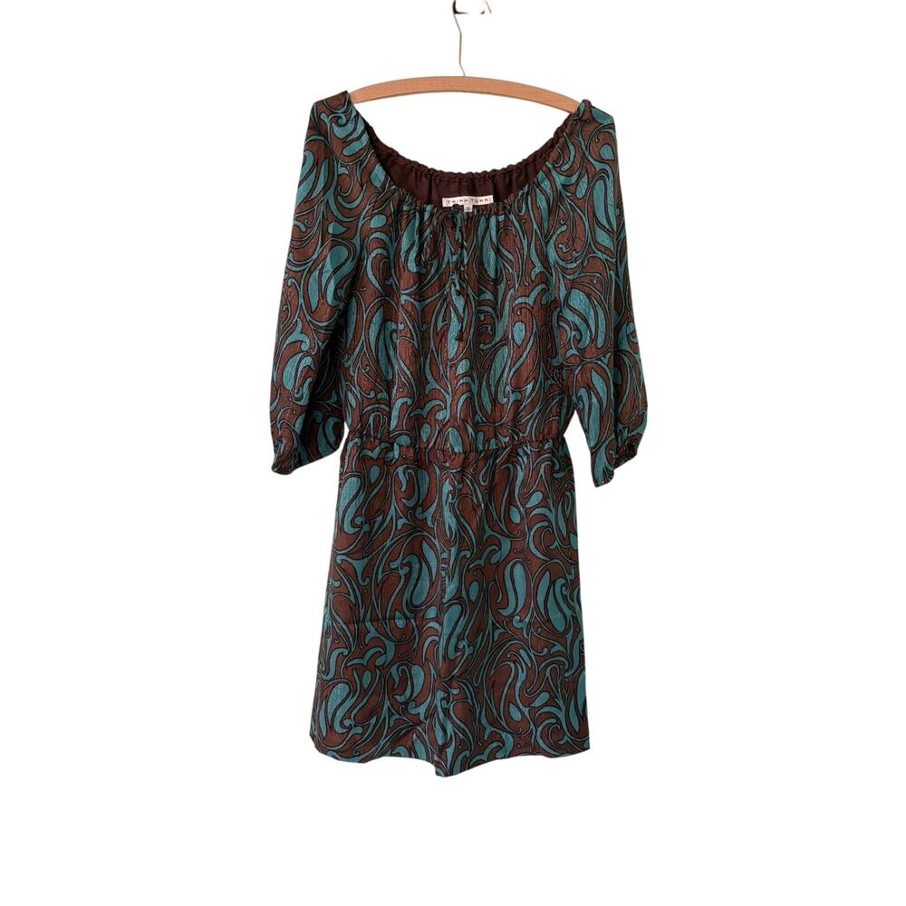 Trina Turk Dress Womens Aqua Blue Brown Multicolor 100% Silk Boho Off Shoulder
